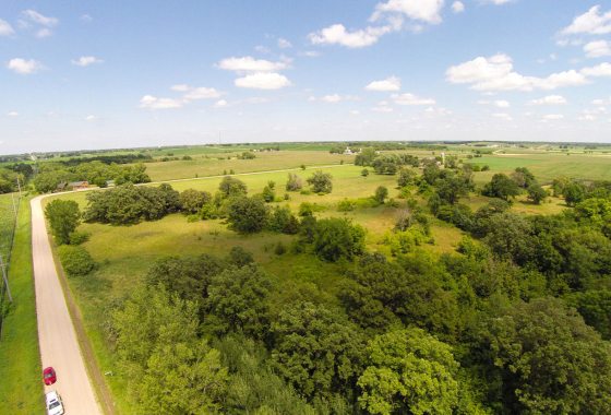 A rural landscape near Howard Lake with green fields, scattered trees, and a dirt road running alongside farmland under a partly cloudy sky. - Beise Real Estate