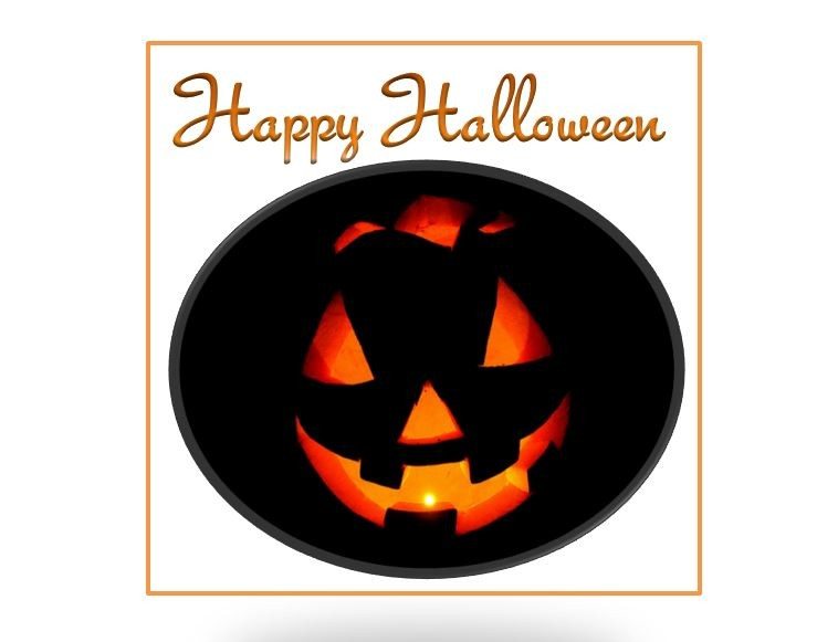 A glowing carved pumpkin with a smiling face sits below the cheerful "Happy Halloween" text in bright orange script. - Beise Real Estate