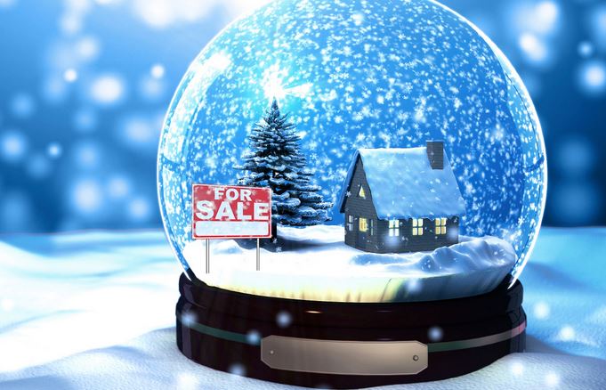 A snow globe with a small house, trees, and a "For Sale" sign inside, surrounded by falling snow—a perfect winter scene capturing the magic of buying a house before you have to beat the crowds. - Beise Real Estate