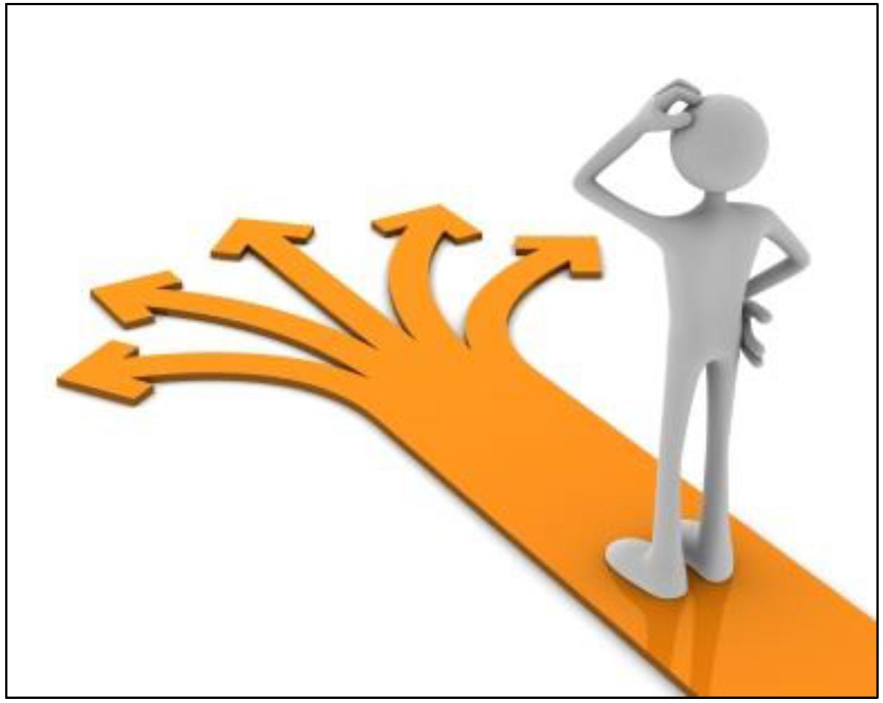 A 3D figure stands on an orange path splitting into five arrows, scratching its head and appearing unsure—reflecting the confusion buyers feel when trying to avoid home buying mistakes. - Beise Real Estate