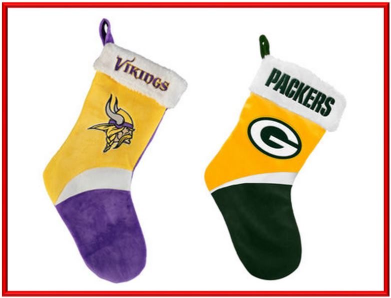 Two Christmas stockings, one with the Minnesota Vikings logo and one with the Green Bay Packers logo, are shown side by side—perfect for adding team spirit to your holiday gift giving. - Beise Real Estate