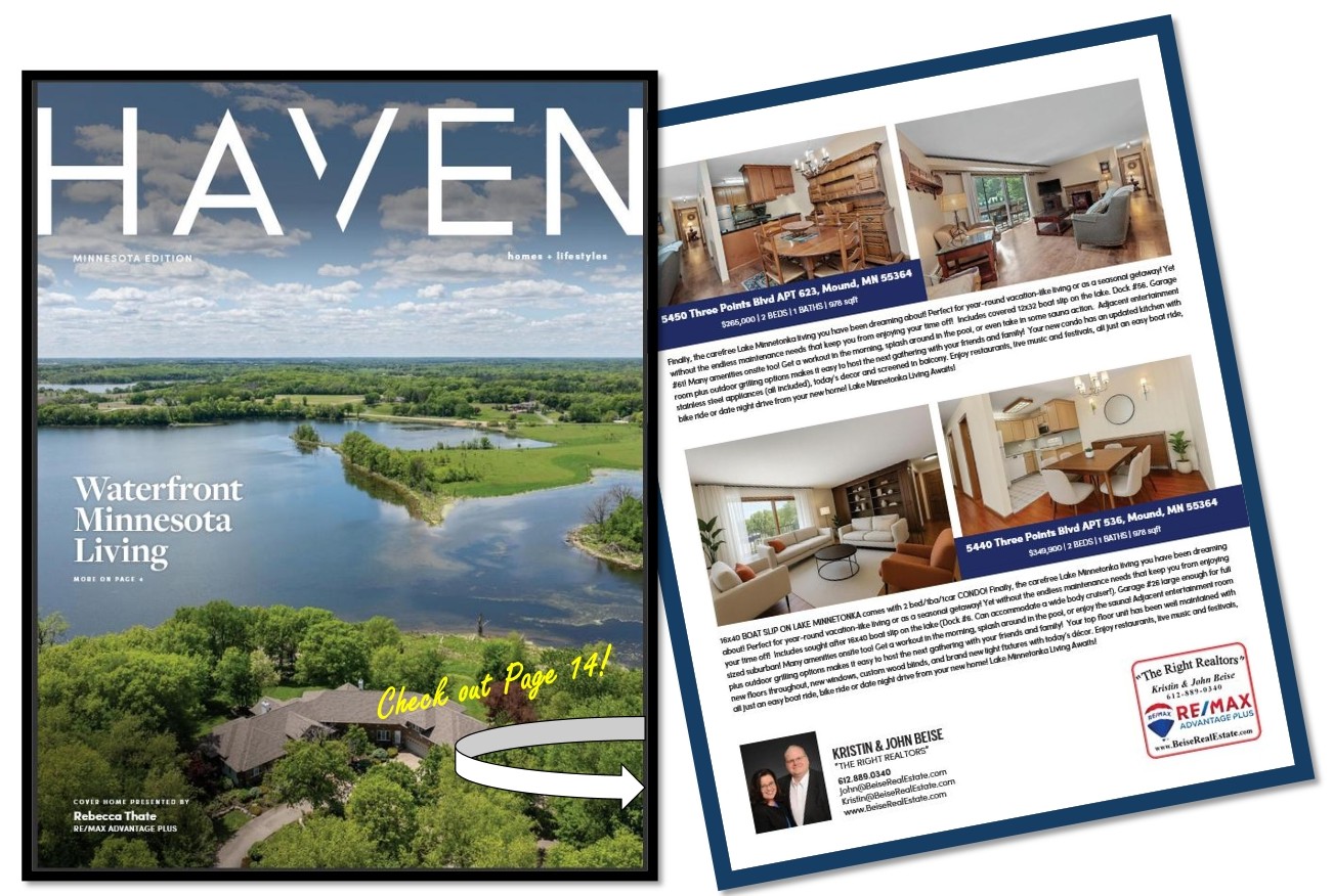 The image shows a magazine cover titled "HAVEN" featuring a lakeside property, next to a page displaying real estate listings with photos and agent information. Check out page 14 for more exclusive listings and details. - Beise Real Estate