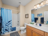 Bathroom in Unit 351 features a light wood vanity, white countertop, toilet, and shower-tub combo with blue whale shower curtain; blue towels and wall art accent the beige walls at 2150 Old School Road in Mound. - Beise Real Estate