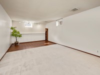 A spacious, unfurnished room on Utah Avenue with white walls, beige carpet, a tiled area, two small windows, a potted plant, and a wooden shelf against the far wall—perfect for your New Hope home. - Beise Real Estate