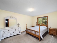 Bedroom with a wooden bed, white dresser with mirror, bedside table, beige carpet, and a window overlooking greenery. - Beise Real Estate