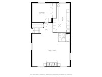 Black and white floor plan showing a bedroom, utility room, bathroom, hall, and large family room with stairs at the bottom. Labels identify each room. - Beise Real Estate