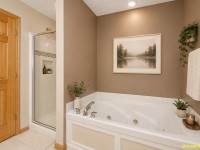 A bathroom in Eden Prairie features a white soaking tub, brown accent wall, framed landscape art, plants, a towel rack, and a glass-enclosed shower. - Beise Real Estate