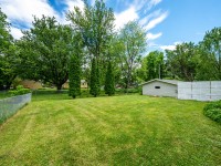 Neatly mowed backyard at 1490 Rainbow Avenue, Maple Plain, with green grass, tall trees along the fence, a small shed, and a partly cloudy sky above. - Beise Real Estate