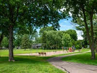 A playground with swings, slides, and climbing structures is surrounded by trees and grass in Maple Plain, with a paved path curving through the park near Rainbow Avenue. - Beise Real Estate